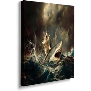 Cat Riding a Shark, Victorian painting, Funny Altered, Eclectic Printposter, Bathroom Wall Decor16x24inch Framed Art