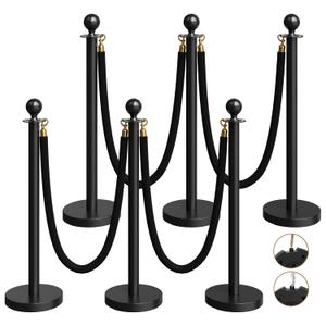 6 Pack Black Stanchions and Velvet Ropes Set, Stainless Steel Crowd Control Barriers, 4Pcs Black Ropes and Poles for Party Supplies,Photobooth Accessories, Prom,Birthday,Business,Wedding, Museums