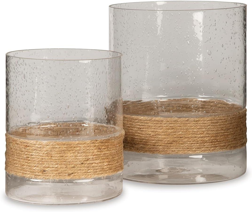 Signature Design by Ashley Eudocia Coastal 2 Piece Glass Candle Holder Set with Rope Base, Clear & Brown