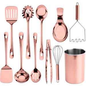 COOK WITH COLOR Kitchen Utensil Set - 10-piece premium Nonstick & Heat Resistant Kitchen Gadgets, Turner, Spaghetti Server, Serving Spoons, Whisk, Tongs, Masher & Utensil Holder, Rose Gold