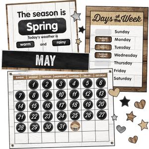 Schoolgirl Style Industrial Chic 95-Piece Calendar Bulletin Board Set, Farmhouse Monthly Calendar with Numbers, Birthdays and More, Rustic Farmhouse Calendar Bulletin Board Set for Classroom (25.9" x 17.9")