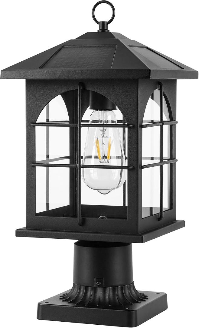Solar Post Light Outdoor, Dusk to Dawn Outdoor Post Lamp with Pier Mount Base, 3-in-1 Mounting (Pier/Pole/Hanging), Wireless Black Waterproof Fence Pole Light for Garden Yard Patio Entryway