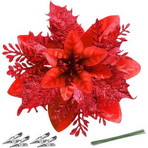 Christmas Poinsettia Artificial Flowers Decorations 5.5" Christmas Tree Wreaths Garland Decoration 12 Pcs Glitter Flowers Picks Decor for Xmas New Year Wedding Party Ornaments (Red)