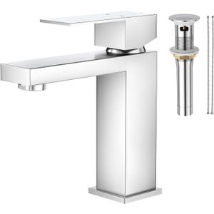 Faustina Polished Chrome Bathroom Faucet, Single Handle Stainless Steel Bathroom Vanity Faucet with Metal Pop-Up Drain and Deck Plate for 1 or 3 Hole