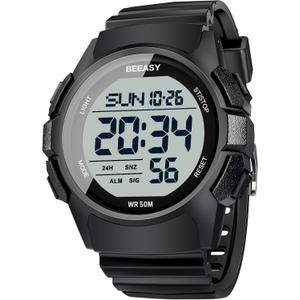 Beeasy Mens Digital Sports Watch, 50M Waterproof 49mm Rubber Strap Mens Watches with Stopwatch, Countdown Timer, Alarm & Dual TimeIdeal for Sport, Gym, Running, Referee, School & Daily Wear (Black)