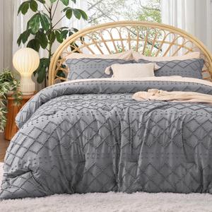 Bedsure Full Comforter Set - Grey Comforter, Boho Tufted Distressed Vintage Bedding for Kids, 3 Pieces Farmhouse-Style Bed Set for All Seasons, Fluffy Soft Bedding with 2 Pillow Shams