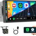 7 Inch Double Din Car Stereo with Wireless CarPlay Android Auto, HD Touchscreen with Online Video FM Radio Bluetooth EQ SWC USB/AUX Port Backup Camera MIC