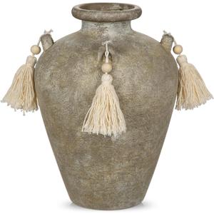 Large Decorative Ceramic Vase with Tassels, 9.4" Boho Flower Vase with Handles, Textured Rustic Farmhouse Vases for Home & Office Decor, Table Centerpiece, Living Room, Entryway, Wedding, Party Decor