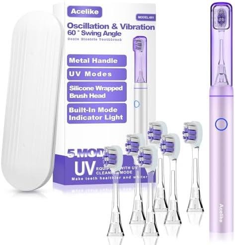 Metal Electric Toothbrush with UV Mode, Vibration and Oscillation Electric Toothbrush for Adults, 6 Brush Heads & Travel Case & Dust Cover, 5 Modes & Built in Timer, One Charge Last 120 Day（Rose）