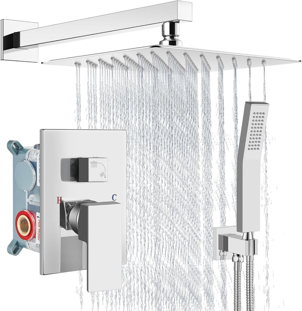 Aolemi Shower Faucet Set Rain Shower System with Handheld Spray Bathroom Shower Combo Rough-in Valve and Shower Trim Kit Included Polish Chrome 12 Inch Wall Mount Shower Head
