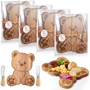 4 Set Baby Shower Prizes Bear Shaped Cheese Board with Cheese Knives and Forks Baby Shower Party Favors Gift Box for Wedding Bridal Birthday Gender Reveal Favor (Acacia Color)