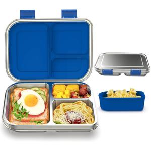 BABHAMNESS Stainless Steel Bento Box Kids, 3 Compartments Leak Proof Metal Bento Lunch Box, 304 Stainless Steel Bento Lunch Containers for School and Office,Dishwasher Safe, BPA-Free-Blue