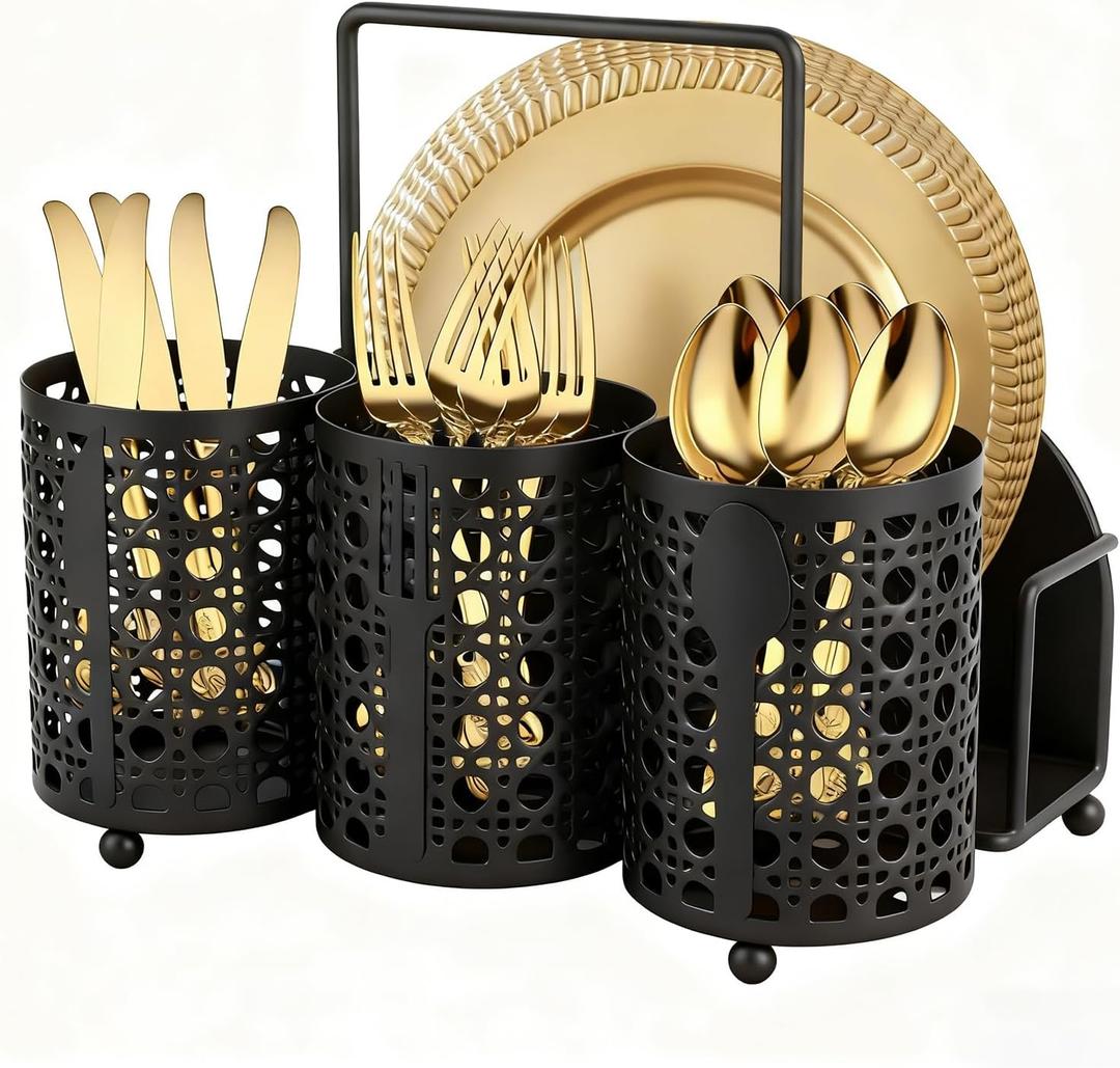 Utensil Caddy Silverware Holder Fork Spoon Napkin Paper Plate Organizer Metal Utensil Holder Cutlery Flatware Organizers for Party Kitchen Countertop Camping Picnic - Black Mesh