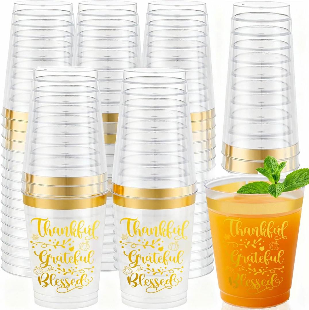 Xvvti 16 Pack Happy Friendsgiving Cups Thanksgiving Cups 12 Oz Gold Rim Fall Pumpkin Clear Disposable Plastic Drinking Cup for Thanksgiving Party Supplies