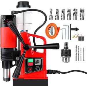 1400W Magnetic Drill Press, 810 RPM, 2 Inch Boring Diameter, Double Track, Portable Magnetic Drill with 6Pcs Drill Bits for Metal Surface, Industrial and Home Improvement