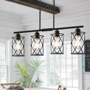 4-Light Kitchen Island Lighting, Modern Black Dining Room Light Fixtures with Clear Glass, Farmhouse Industrial Linear Chandelier Pendant Light with Adjustable Chain, CH9176BK-4IS
