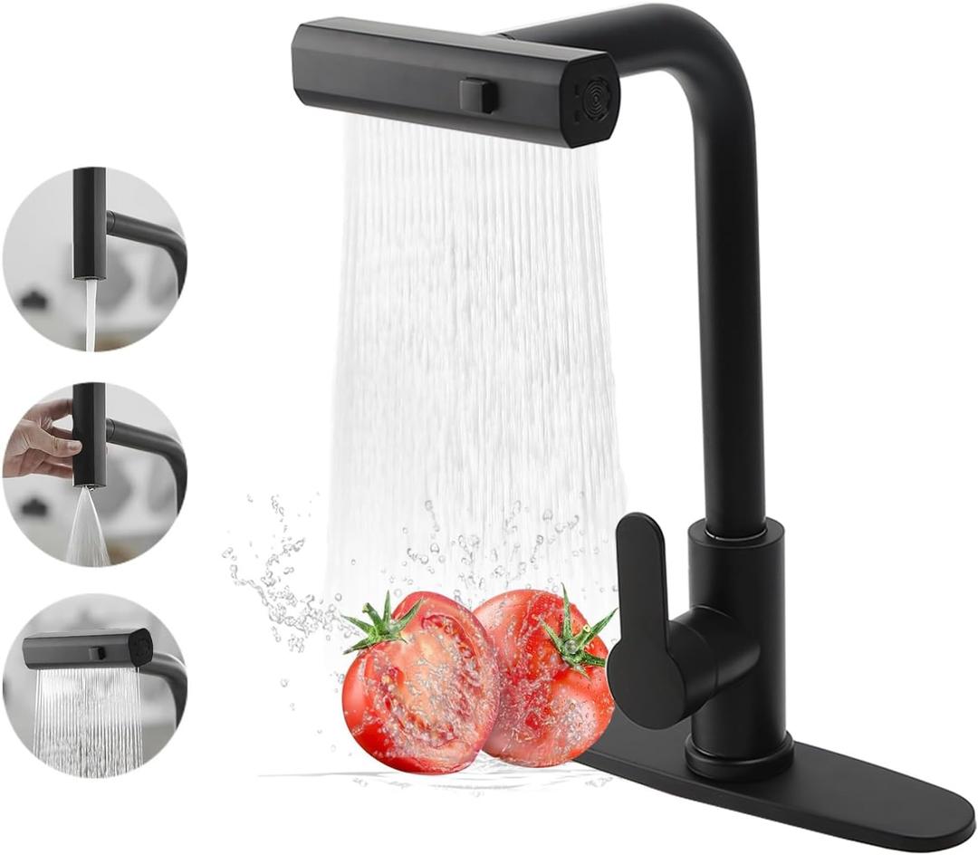 Waterfall Kitchen Faucet 360 Swivel Kitchen Sink Faucet with Pull Down Sprayer Single Handle Brass Sink Faucet for Kitchen, 3 Spray Modes, Black