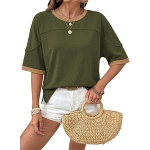 Dokotoo Summer Tops for Women 2026 Loose Oversized T Shirts Crewneck Color Block Side Slits Basic Tee Blouses (Green, S)
