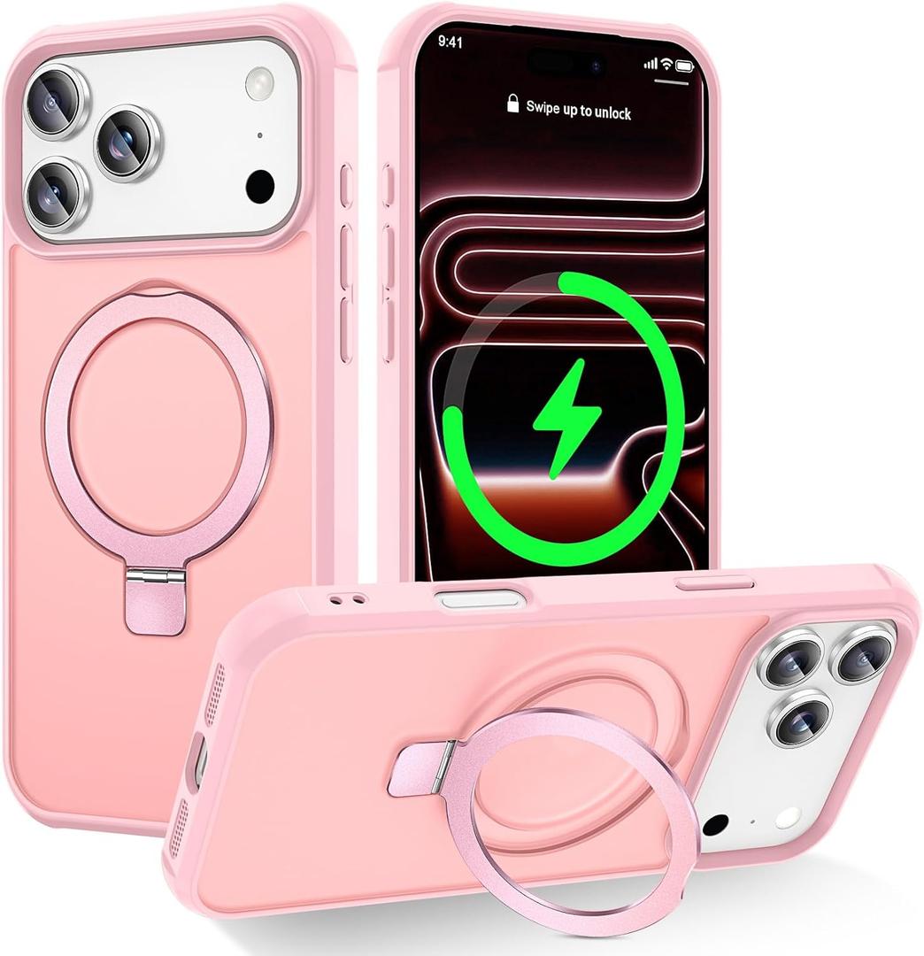 CHAOFEnG Magnetic Compatible with iPhone 17 Pro Case with Stand [Military Grade Drop Tested][Compatible with Magnet] Ring Translucent Slim Hard Back Soft Edge, Pink