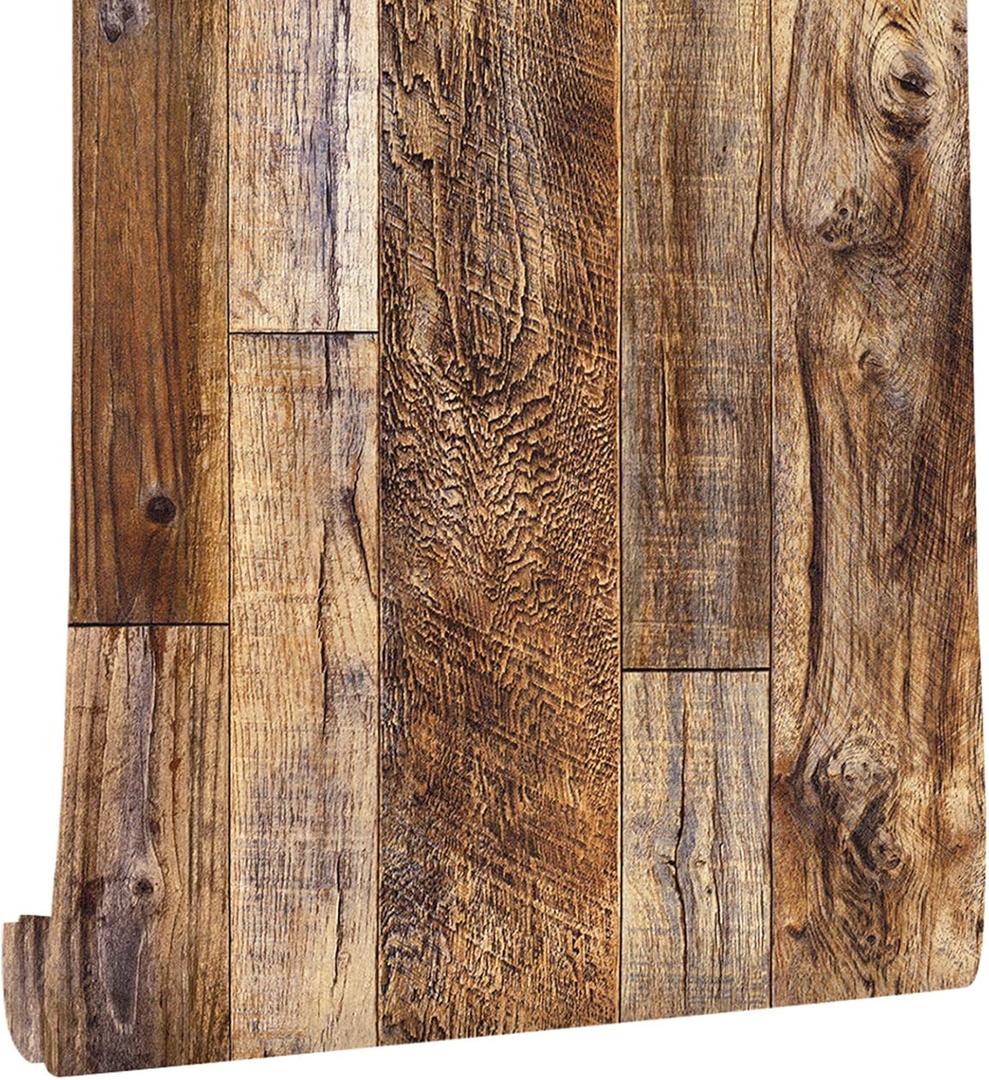 Yun-aeon Brown Wood Peel and Stick Wallpaper 17.3" X 472.4"Coffee Brown PVC Self Adhesive Wood Wall Peel and Stick Paper for Wall Covering Furniture Countertop Kitchen Christmas DIY