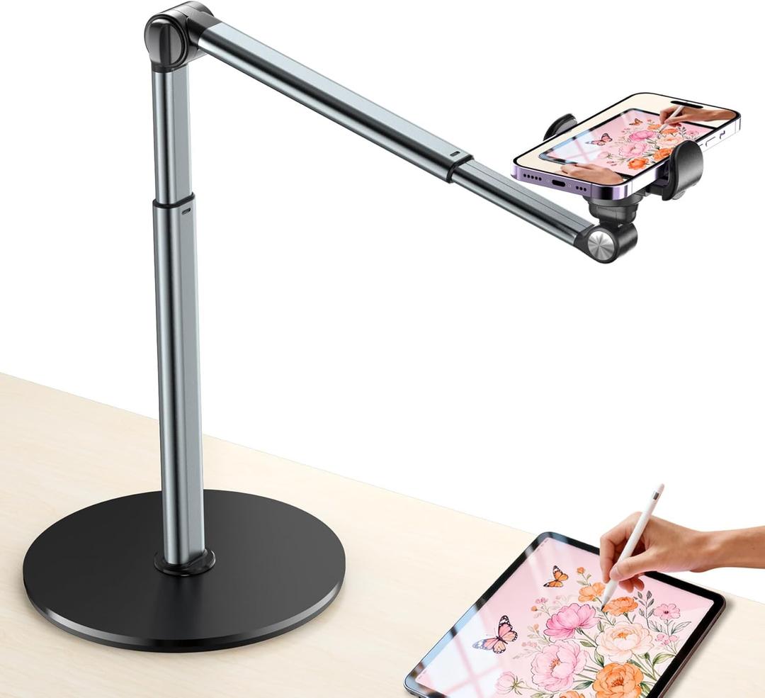 Mionondi Overhead Phone Mount for Video Recording, Aluminum Overhead Tripod for iPhone, Desk Phone Camera Stand for Cooking, Nail Techs, Filming, Live Streaming, (Silver,Black)