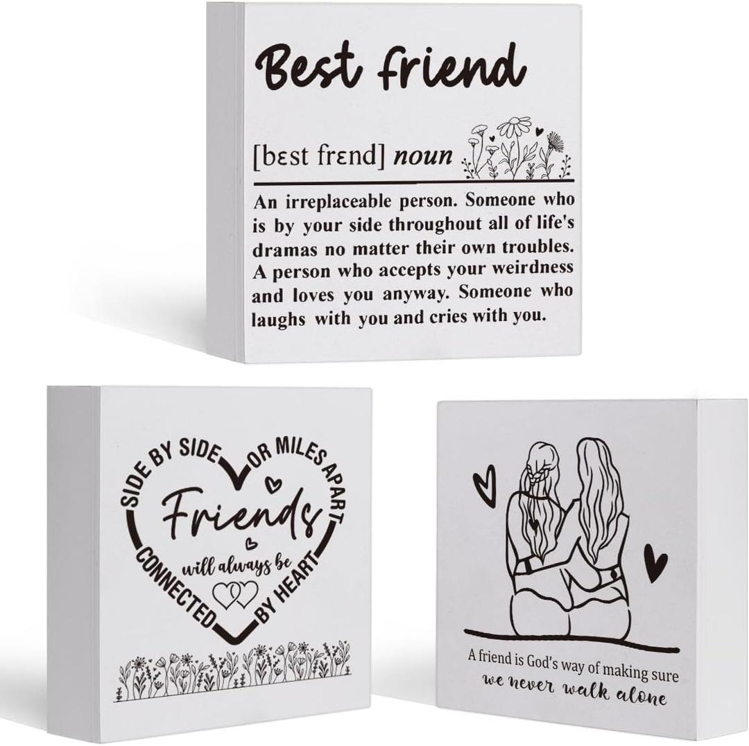 Best Friends Gifts for Women Unique Friendship Birthday Gifts for Women Friend BFF bestie, Appreciation Gift for Her, Best Friend Wood Signs Set of 3 Wooden Blocks Signs Decor