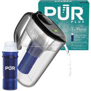 PUR Plus 7-Cup Water Pitcher, 1 Lead-Reducing Filter, Cleaner, Great-tasting Water, Dishwasher Safe, Powerful Filtration, Filter Change Light Indicator, LockFit Cap Design - Smoke