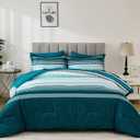Dobuyly Teal King Size Comforter Set 7 Pieces, Blue Boho Striped Bed in a Bag Soft Microfiber All Season Bedding Set with Comforter, Sheets, Pillowcases & Shams