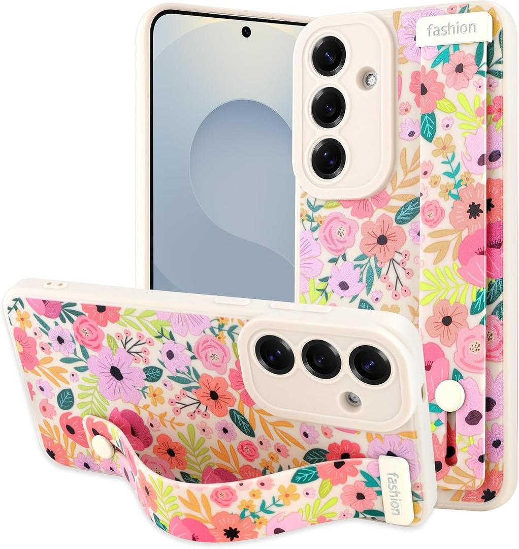 OOK Floral for Samsung Galaxy S25 Plus Silicone Case with Strap for Women Gilrs, Cute Flower Pattern, Slim Soft Wristband Kickstand Shockproof Protection White Blossom Phone Cover
