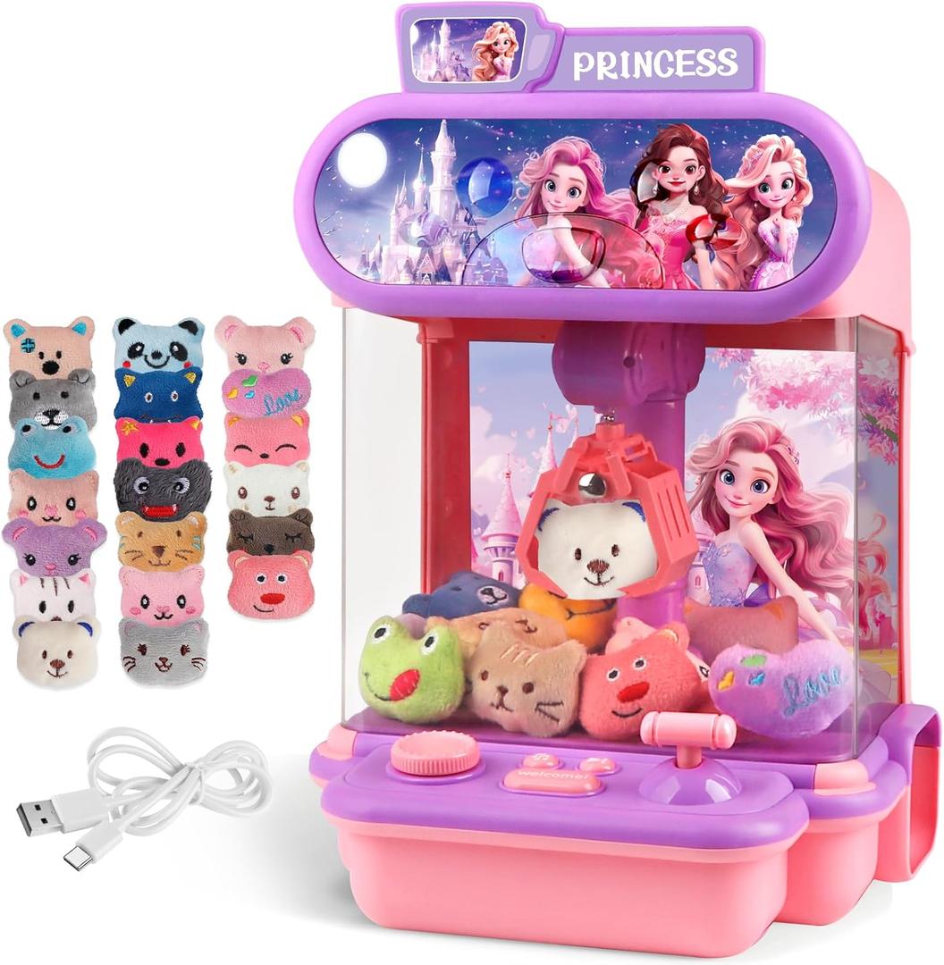 Claw Machine for Kids,Mini Vending Machines Girls Princess Toys,Candy Grabber Prize Dispenser Toys for Girls, Electronic Arcade Game with 20 Mini Plush Toys for Party Chrismas Birthday Gifts