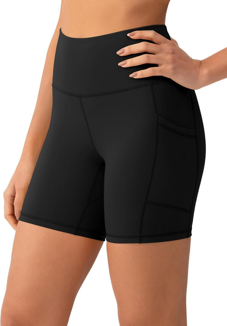YUNOGA Womens High Waist Biker Shorts with Pockets 6"/8" Yoga Shorts Gym Workout Running Spandex Shorts (Black, XL)