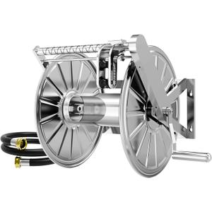 Stainless Steel Garden Hose Reel, Wall Mount Water Hose Holder, 150 Feet of 1/2 Inch Hoses Capacity, Hose Reels for Outside with 5 ft Inlet Hose and Crank