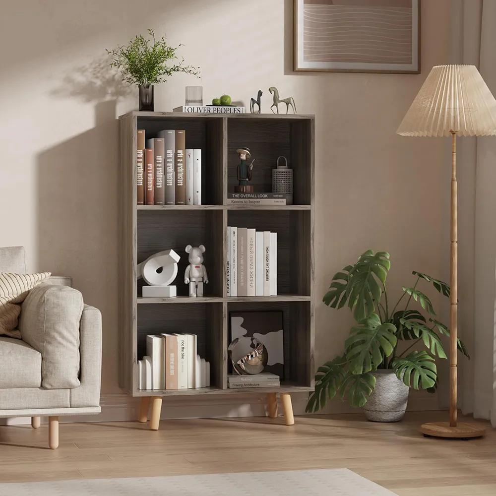 Lkeiyay Wooden 6 Cube Bookcase with Legs - 3 Tier Open Bookcase, Kids Room Categorized Organizer for Books and Toys, 25" W (Grey)