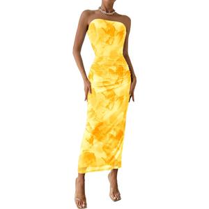 PRETTYGARDEN Women's Summer Maxi Bodycon Dresses Strapless Tube Top Slit Floral Printed Party Club Long Dress , Medium