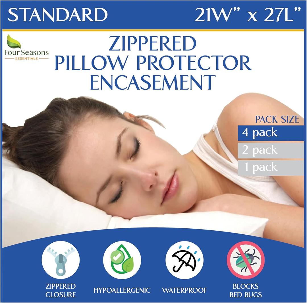 Standard Pillow Protectors (Set of 4)  Hypoallergenic Pillow Cover Waterproof Dust Allergen Proof Zippered Encasement