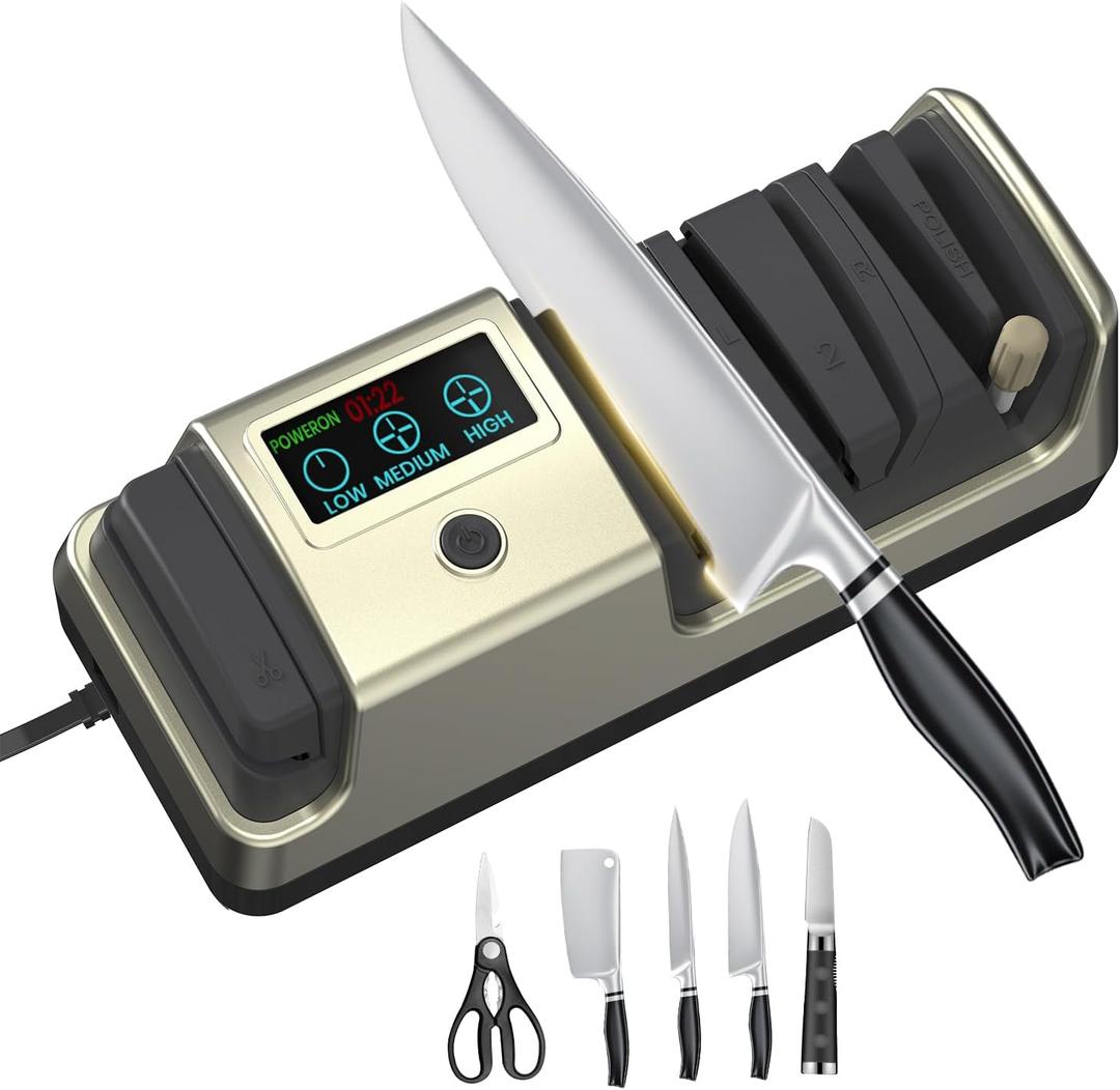 AllNew 5in1 Electric Knife Sharpener with LCD Screen, 3 Adjustable Rotational Speeds, 100% Diamond Abrasives for Straight, Serrated, Meat Cleaver, Ceramic Knives & Scissors Pro Kitchen Knives