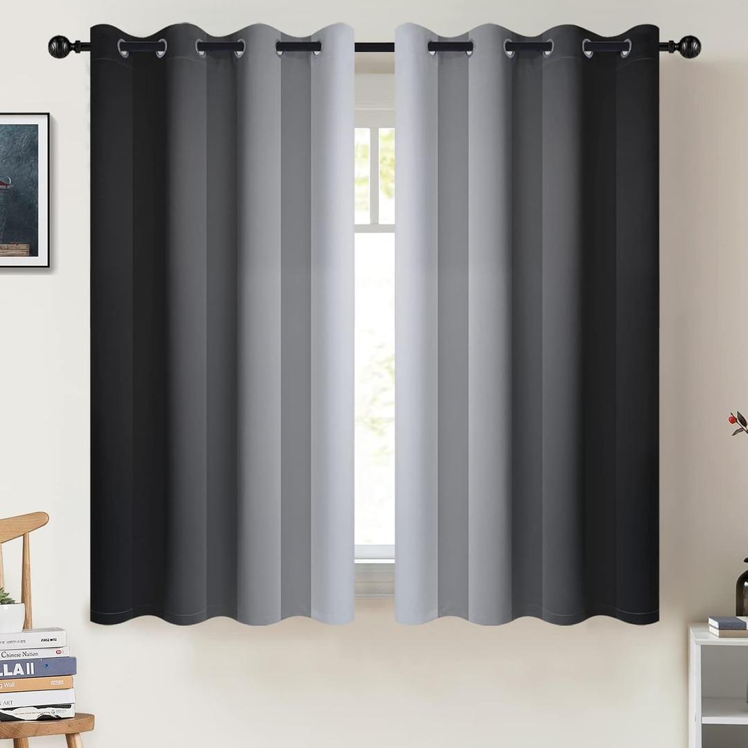COSVIYA Curtains & Drapes Ombre Room Darkening Curtains, Grommet Black and Greyish White Light Blocking Insulated Thermal Small Window Panels for Bedroom/Living Room,2 Panels,52x54 inches