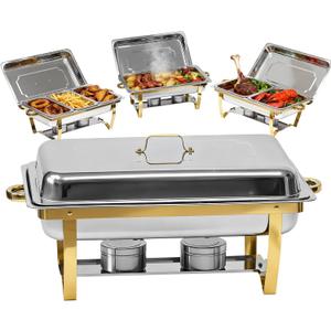 9Qt Chafing Dishes for Buffet, 4 Pack Gold 304 Stainless Steel Chafing Dish Sets, Complete Buffet Server and Warmers Set with Multiple Size Pans for Parties
