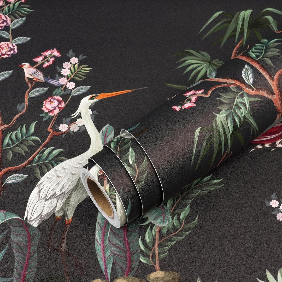 Livelynine 17.5x276 Moody Peel and Stick Wallpaper with Cranes Birds Flowers Peonies Vintage Dark Floral Wall Paper for Bathroom Removable Vintage Contact Paper for Walls Kitchen Green Chinoiserie
