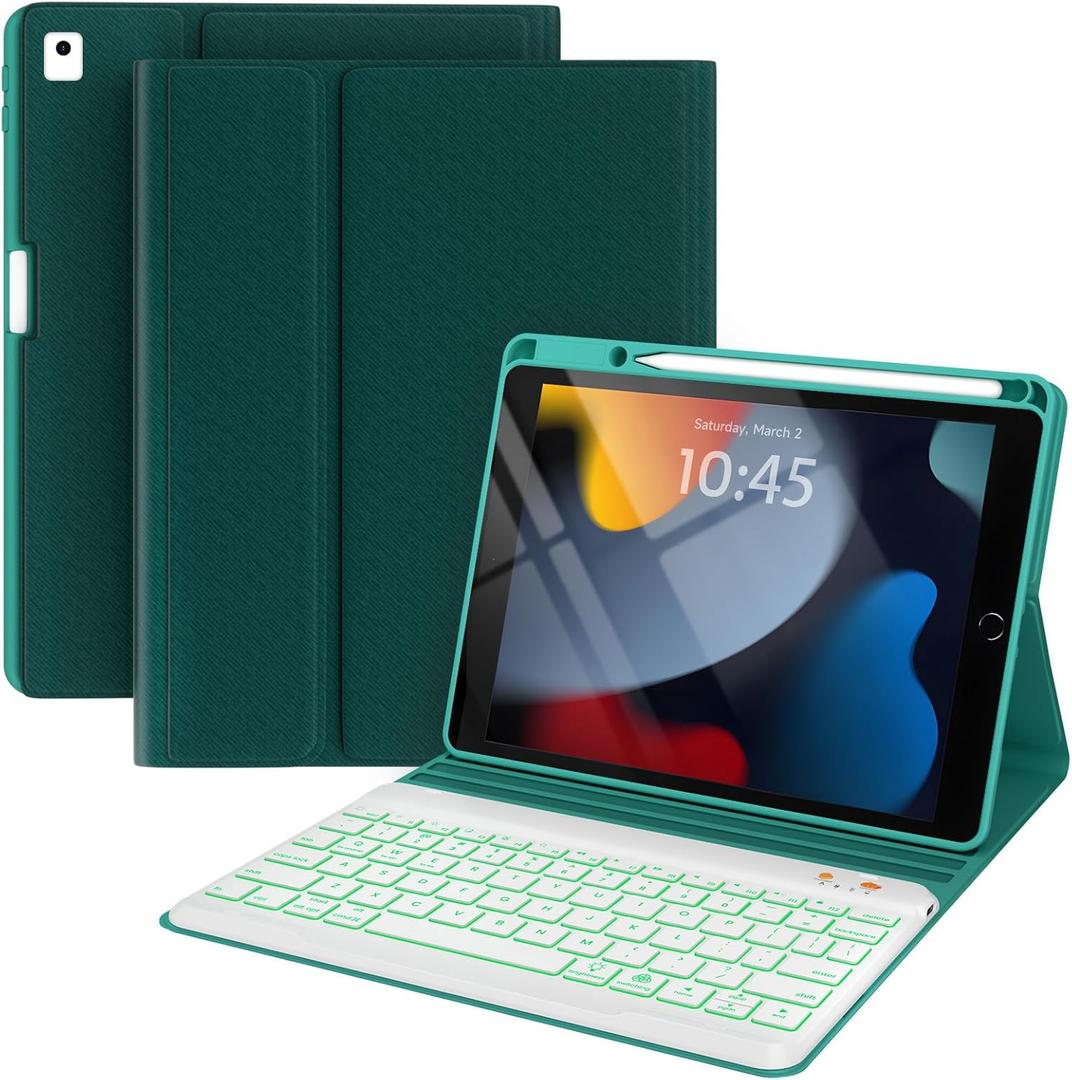 BLUTLOTUS Keyboard Case for iPad 9th/8th/7th Generation 10.2 inch 2021/2020/2019, iPad Pro 10.5-inch Case with Keyboard, iPad Air 3 2019, 7 Color Backlit Removable Wireless Keyboard Folio Case(Teal)