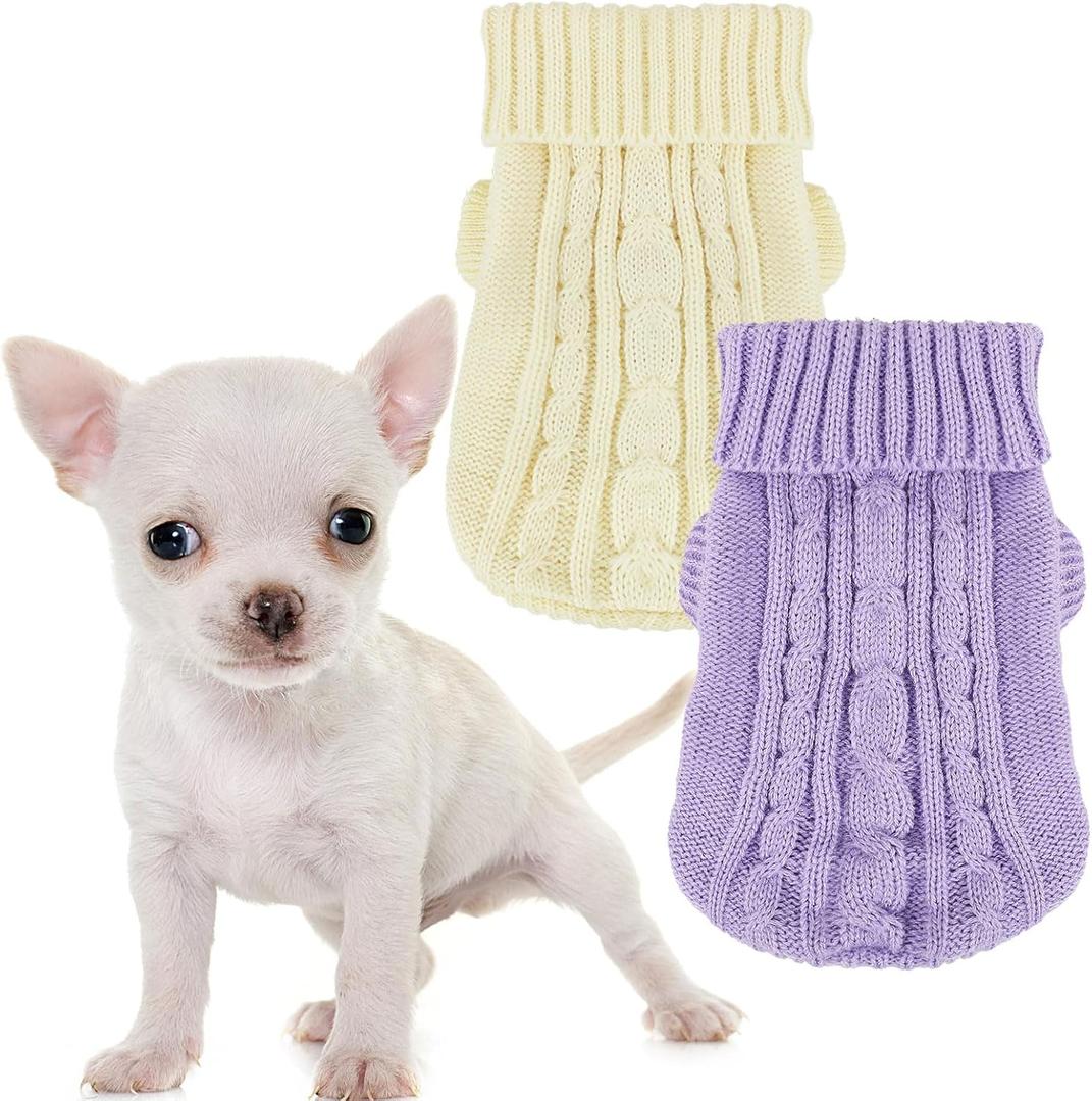 2 Pack Dog Sweaters for Small Dogs, Chihuahua Yorkie Sweater, Puppy Clothes Winter Warm Pullover Clothing, Pet Cat Cold Weather Puppy Cold Outfits (Beige+Purple Large)