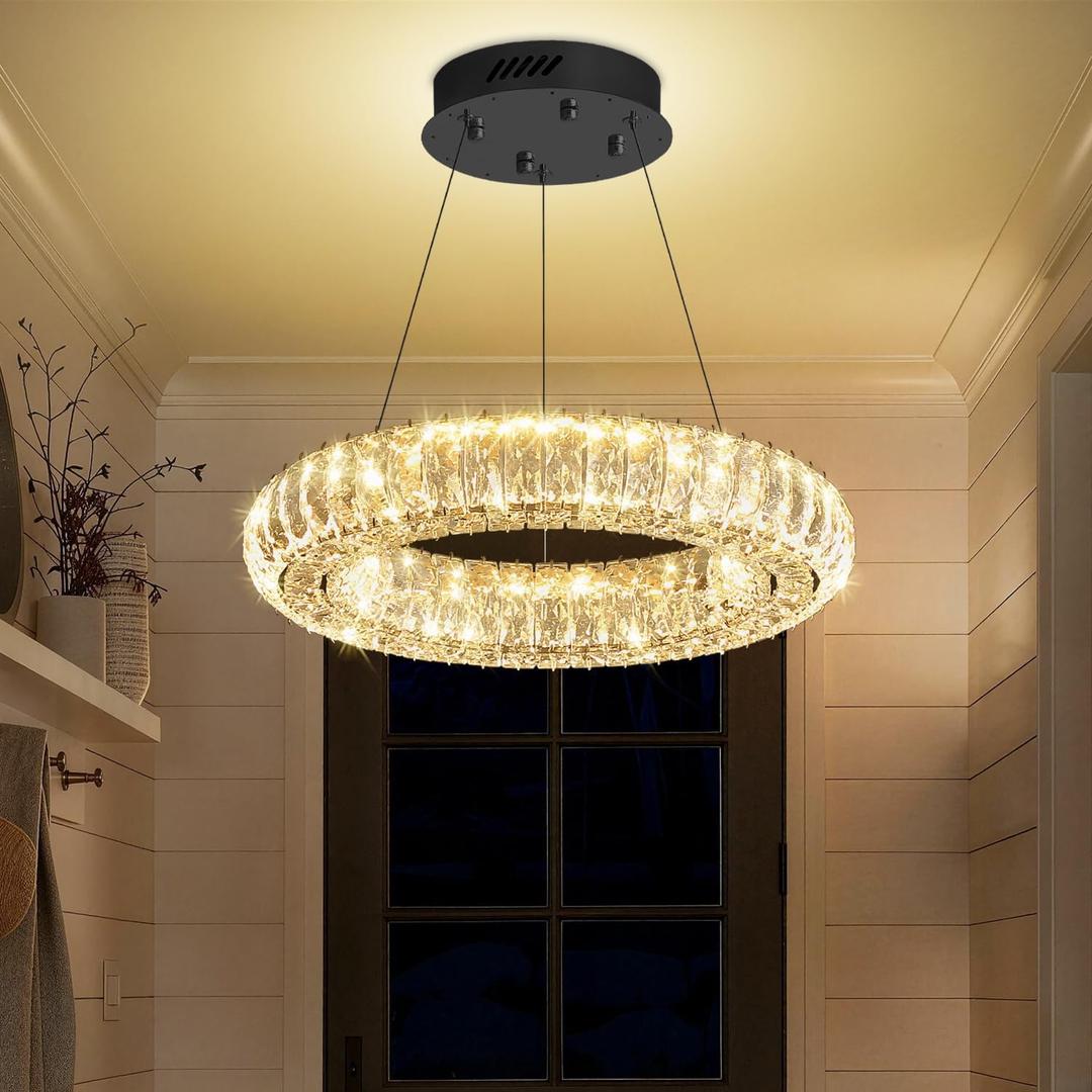 Modern Ring Crystal Chandelier with Remote Control Dimmable LED Ring Pendant Light Round Chrome Crystal Chandelier Light Fixtures for Dining Room Living Room15.7in Black