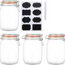 Encheng 32 oz Wide Mouth Mason Jars With Airtight Hinged Lids, Leak Proof Rubber Gasket - 1000ml Glass Storage Containers, Set of 4