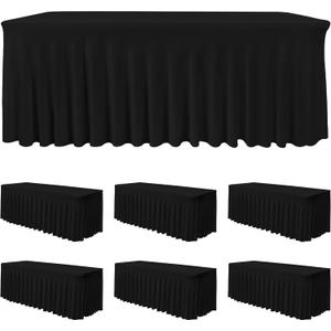 HolidayIdeas Black 4ft Rectangle Spandex Tablecloth 6 Pack Fitted Stretch Table Skirts 24x48 Inch, Ruffle Design Wrinkle-Free Polyester Table Cover for Banquets,Trade Shows, Parties, Events