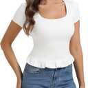 Belle Poque 2026 Summer Cute Tops for Women Short Sleeve Crop Tops Square Neck Ruffle Hem T Shirts (White, L)