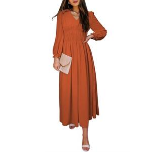 BLENCOT Casual Womens V Neck Fall Dresses Pleat Long Sleeve Midi Long Dress Flowy Bohemian Long Dress Solid Color Dark Orange Small