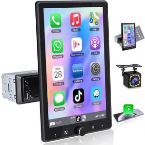 10.4" Single DIN Radio Wireless Apple CarPlay with Rotating IPS HD 1280 * 800 Touchscreen, Car Radio Android Auto, Bluetooth 5.2, FM Radio, Backup Camera, Navigation, Dual USB, Car Stereo Receivers