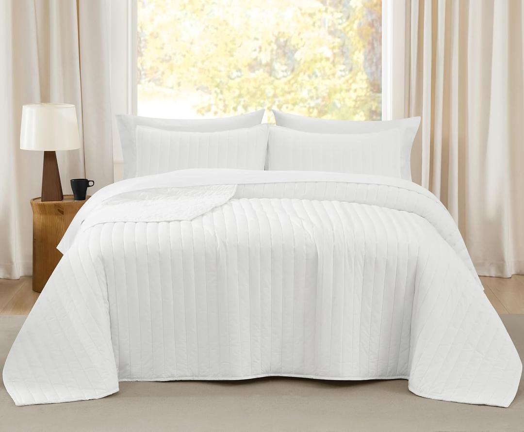 Brooklyn Loom Oversized Cotton Percale White King 3 Piece Quilt Set, Solid Color Themed, Oeko-TEX Certified Confidence