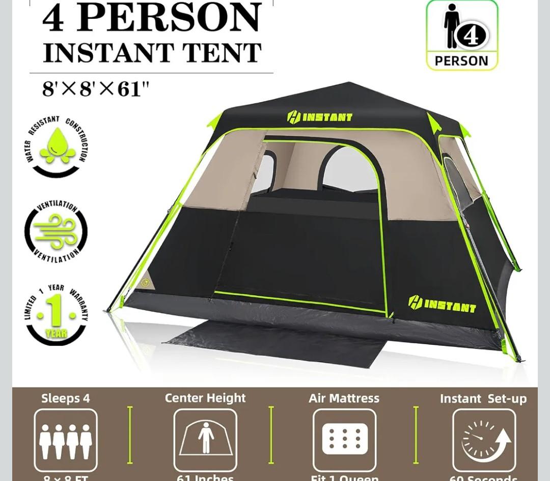 4 Person Instant Tent,Pop Up Tents for Camping with Rainfly 60 Seconds Easy Setup,Cabin Tent for Family Camping with Expandable Carry Bag & Upgraded Ventilation