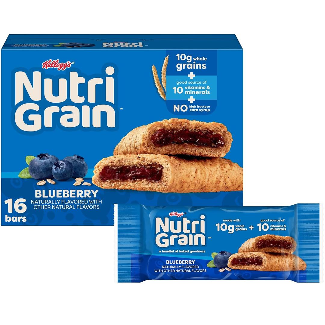 Nutri-Grain Breakfast Bars, Made with 10g Whole Grains, Kids Snacks, Blueberry, 20.8oz Box (16 Bars) (EXP 11/14/26)